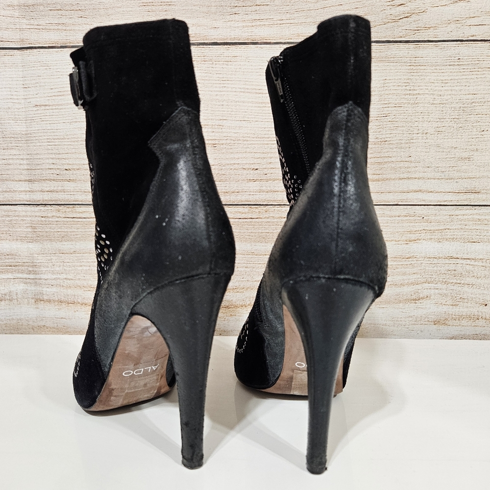 Aldo Jodetha Black Suede Ankle Bootie Heeled Boots 8.5 Silver Blonze Studs - Picture 6 of 12